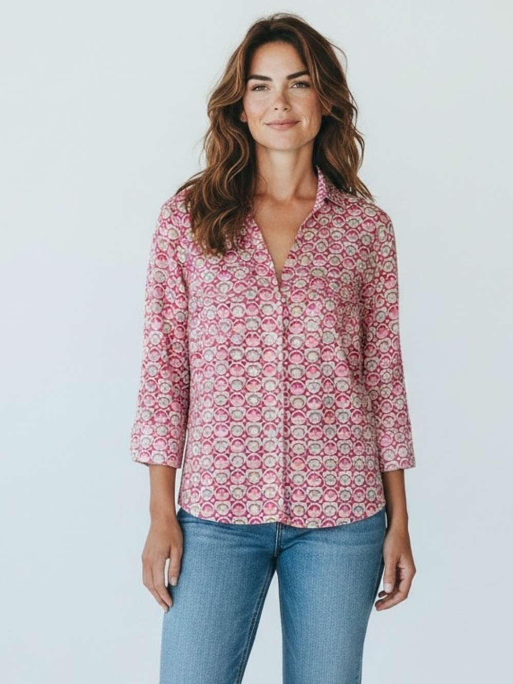 J. McLaughlin Pink Geometric Print Button Front Blouse Size Small